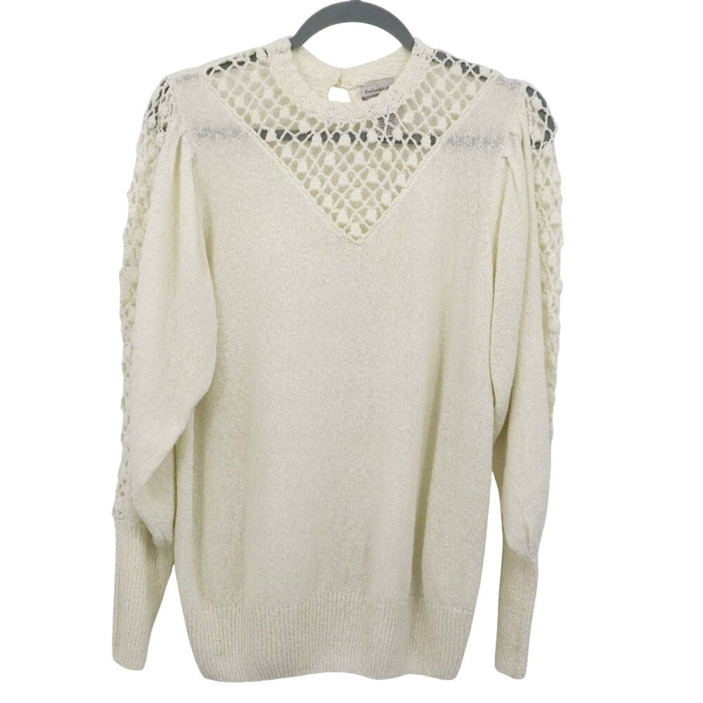 Brownstone Studio Crochet Sweater Women L Ivory Twee Grannycore Boho‎ Vintage